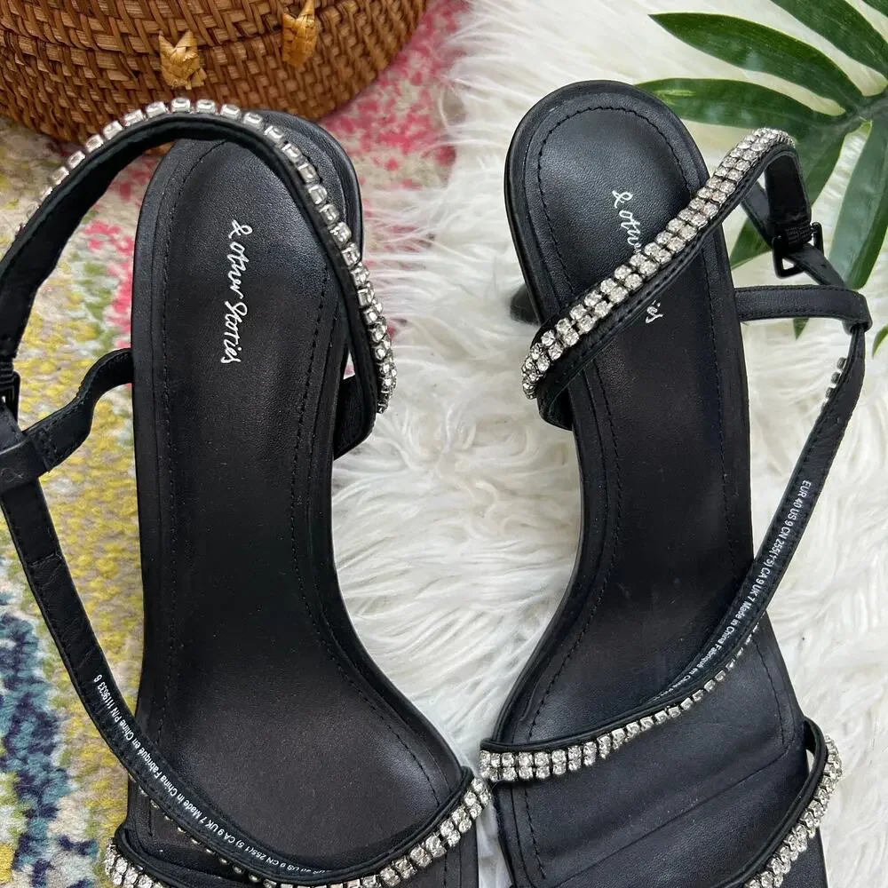 & Other Stories Strappy Heel Heeled Sandal 40 / 9 Black Rhinestone Square Toe